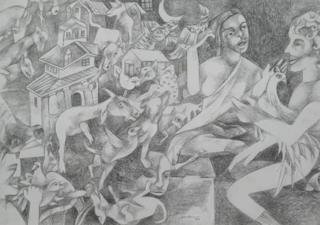 Social Contrast by Gurcharan Singh - Pencil on Paper